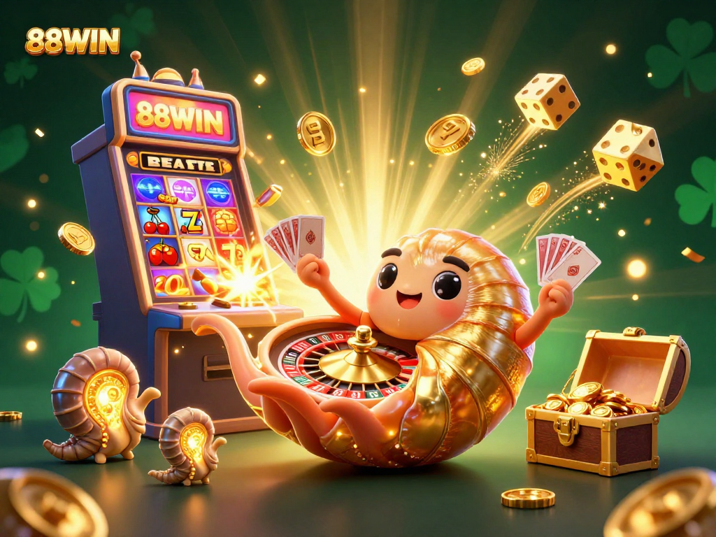 Experience the thrill of 88WIN with a dynamic casino scene featuring animated characters and vibrant game elements.