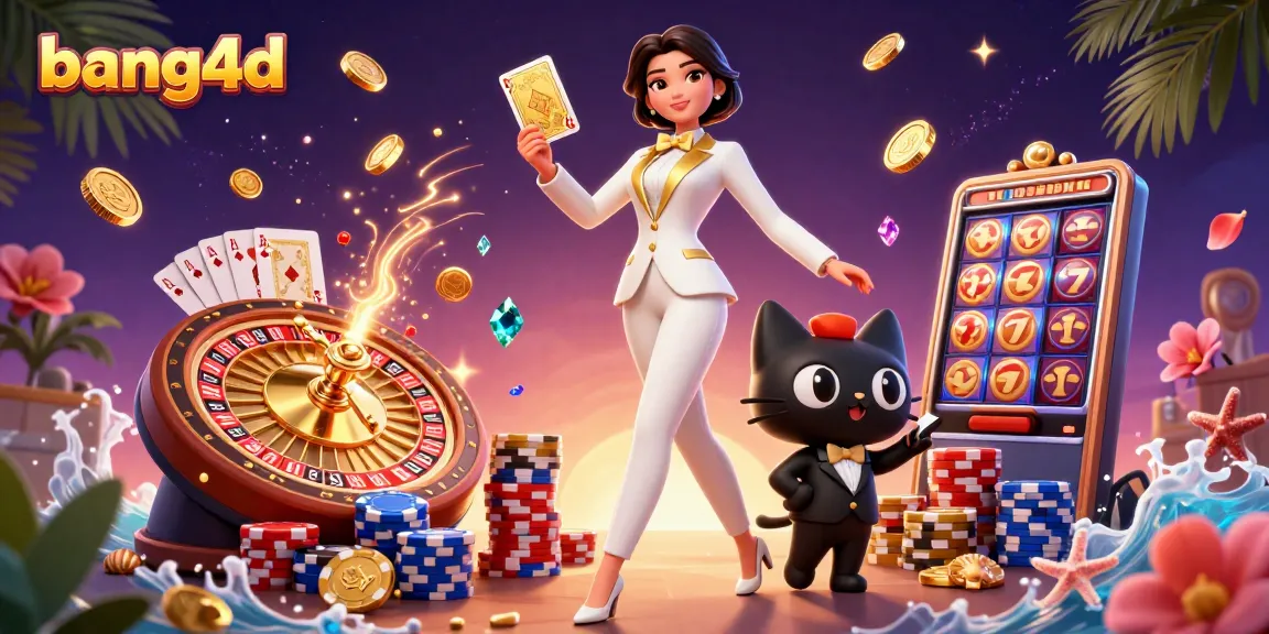 Experience thrilling action at bang4d with a glamorous dealer, poker chips, and golden coins in motion.