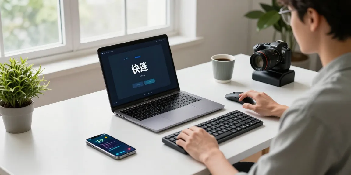 快连在现代家办公桌上的界面，展现出高效网络加速的工作环境。