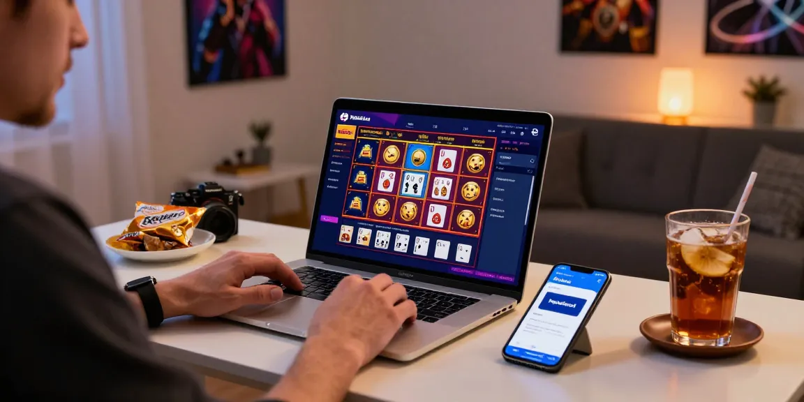 Paysafe-Card-Casino-Spieler, der mit einem Online-Gaming-Setup in einem gemütlichen Homeoffice interagiert.