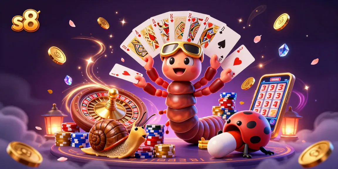 s8 casino illustration with millipede dealer, high-roller snail, and excitement in a dynamic gaming scene