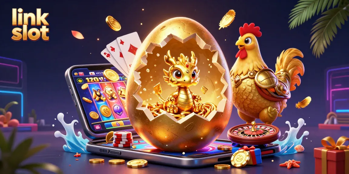 Mainkan link slot dengan meriah bersama naga emas dan chip poker berkilau.