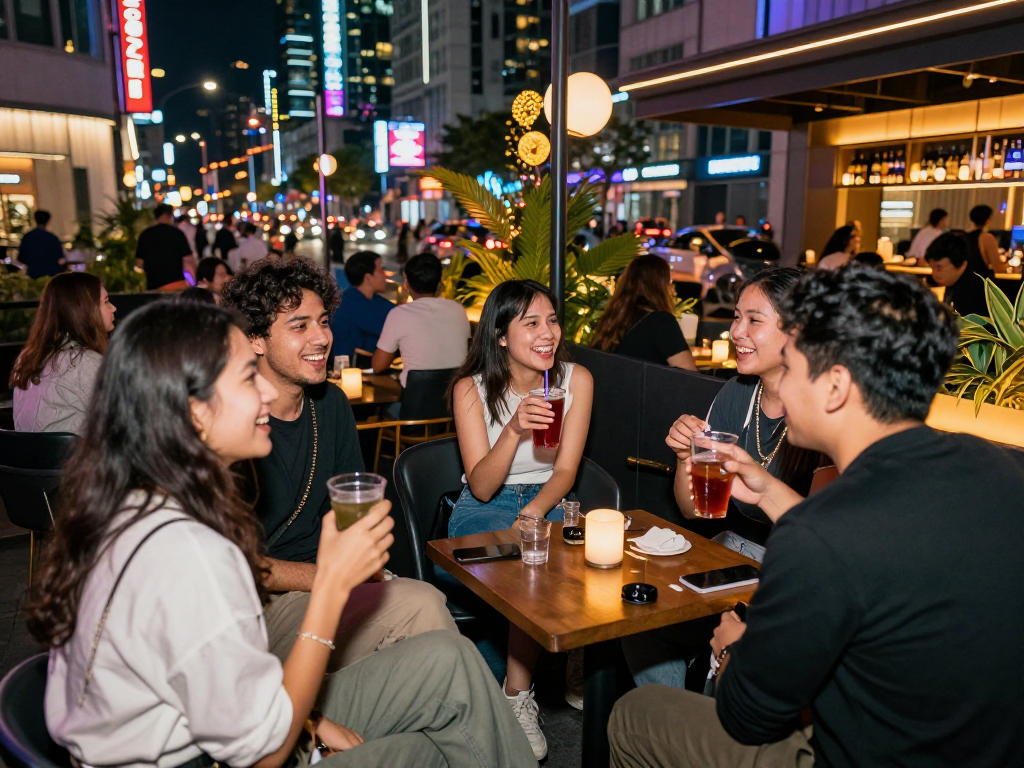 Young adults enjoying OP services in a vibrant urban nightlife setting with neon lights.