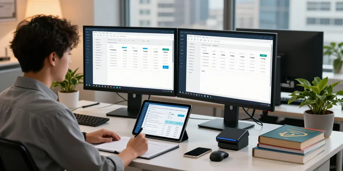 Analyst detecting fake receipts using advanced AI technology in a modern office.
