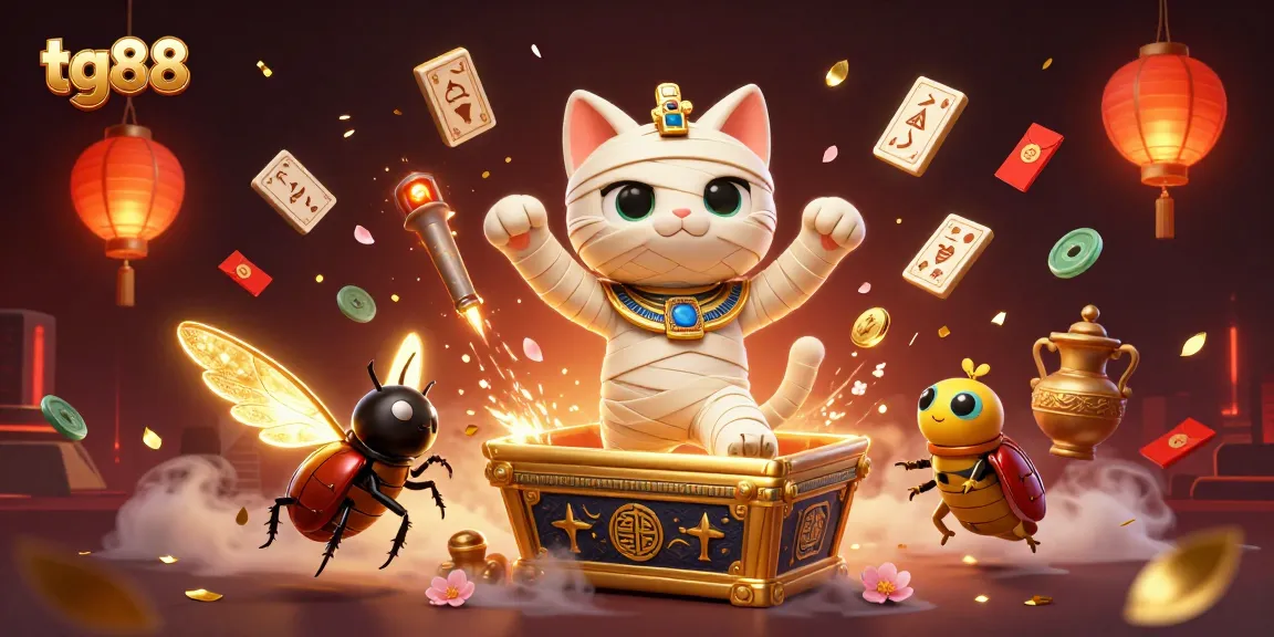 Betting on tg88's exclusive casino games with a mummy cat and glowing scarab characters.