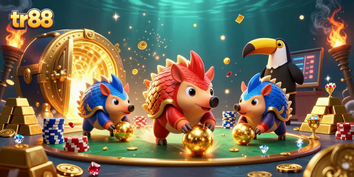 tr88 pangolins contesting through poker chips in a vibrant casino-themed 3D illustration