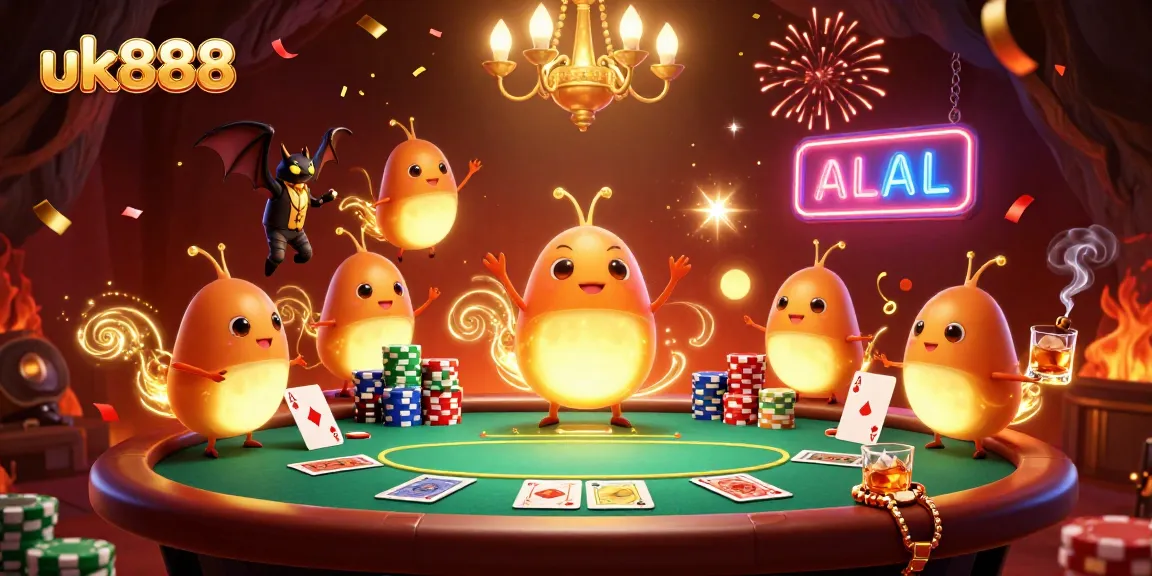 uk888 glowworms illuminate a vibrant casino scene with poker elements and festive confetti.
