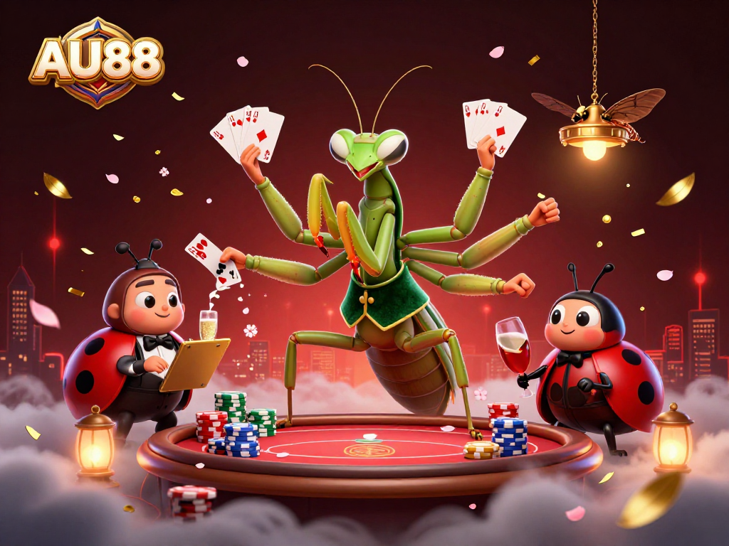 Engage with the thrilling atmosphere of AU88, showcasing dynamic card games and colorful casino elements.