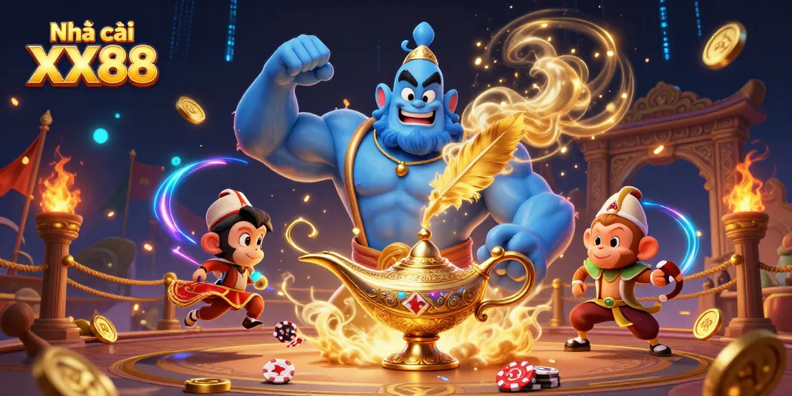 Experience thrilling adventures at Nhà cái XX88 with a vibrant, animated casino scene featuring a genie, monkey, and magic carpet.