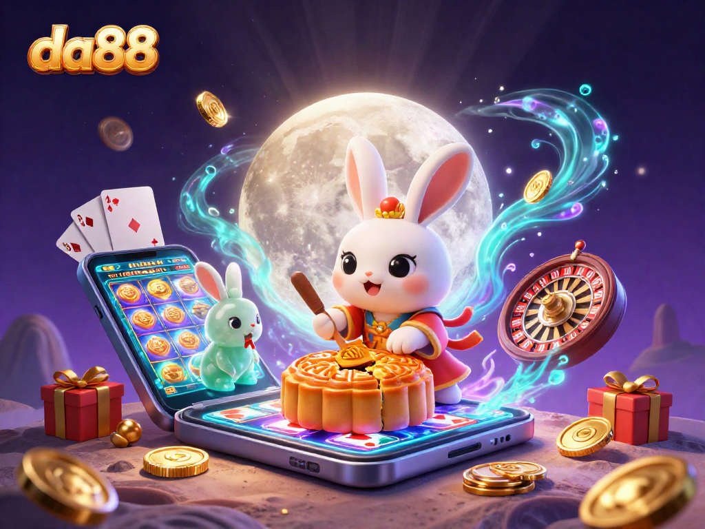 Experience the thrill at da88 with a captivating 3D scene of moon rabbits, poker chips, and vibrant casino elements.