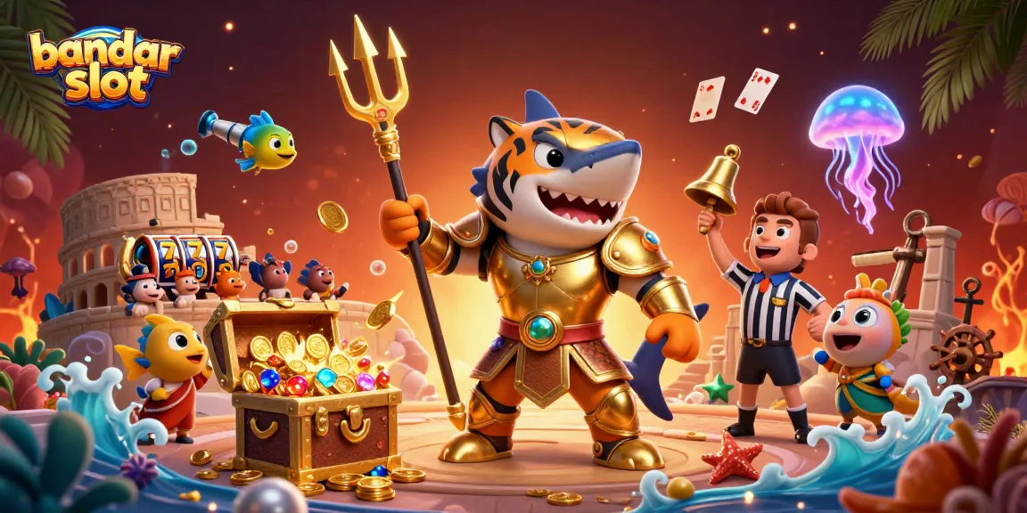 Engage with bandar slot gameplay at a vibrant underwater colosseum featuring a tiger shark in gladiator armor.