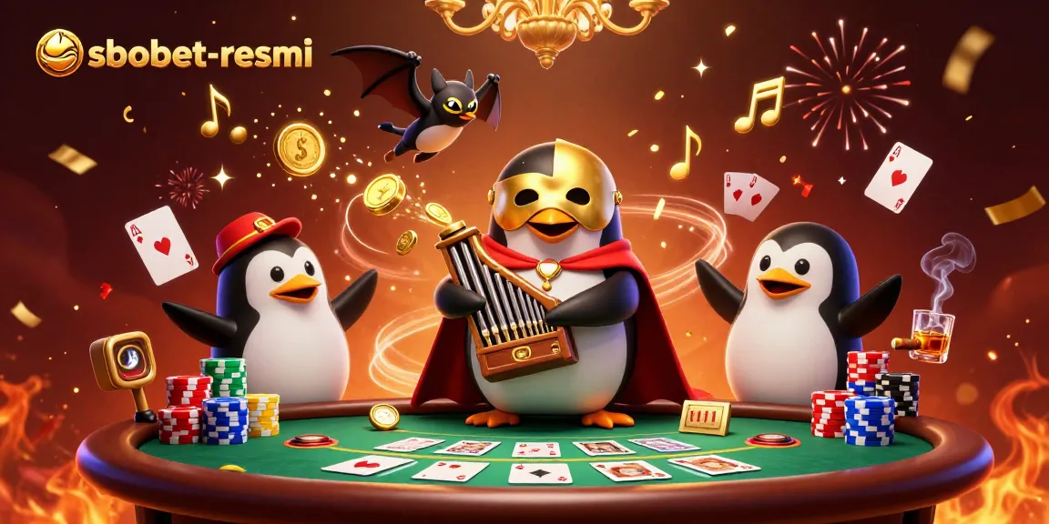 Experience sbobet-resmi with a vibrant scene featuring a 3D penguin at a poker table showered with coins and confetti.