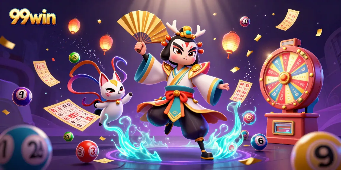 Join the excitement and win big with 99win's vibrant lottery elements in a dynamic scene.