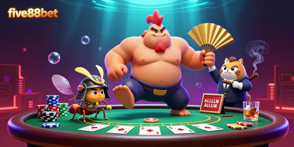 Engaging scene featuring five88bet's sumo wrestler rooster, fierce samurai cricket, and tanuki announcer at a vibrant poker table.