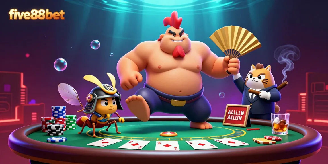 Engaging scene featuring five88bet's sumo wrestler rooster, fierce samurai cricket, and tanuki announcer at a vibrant poker table.