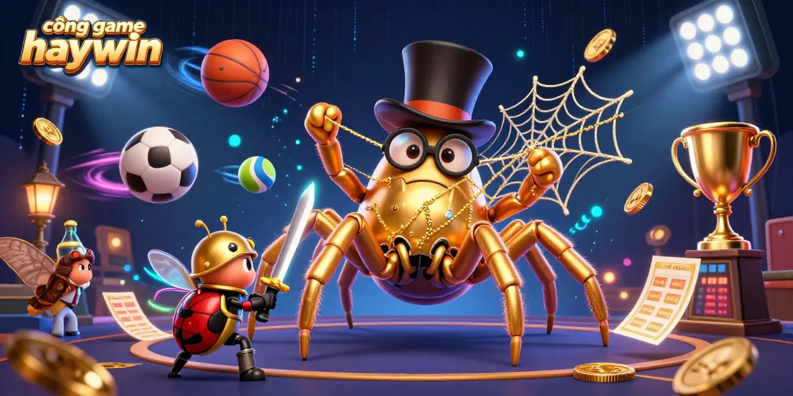 Cổng game haywin showcases a vibrant scene with a golden tarantula and beetle knight amid dynamic sports betting elements.