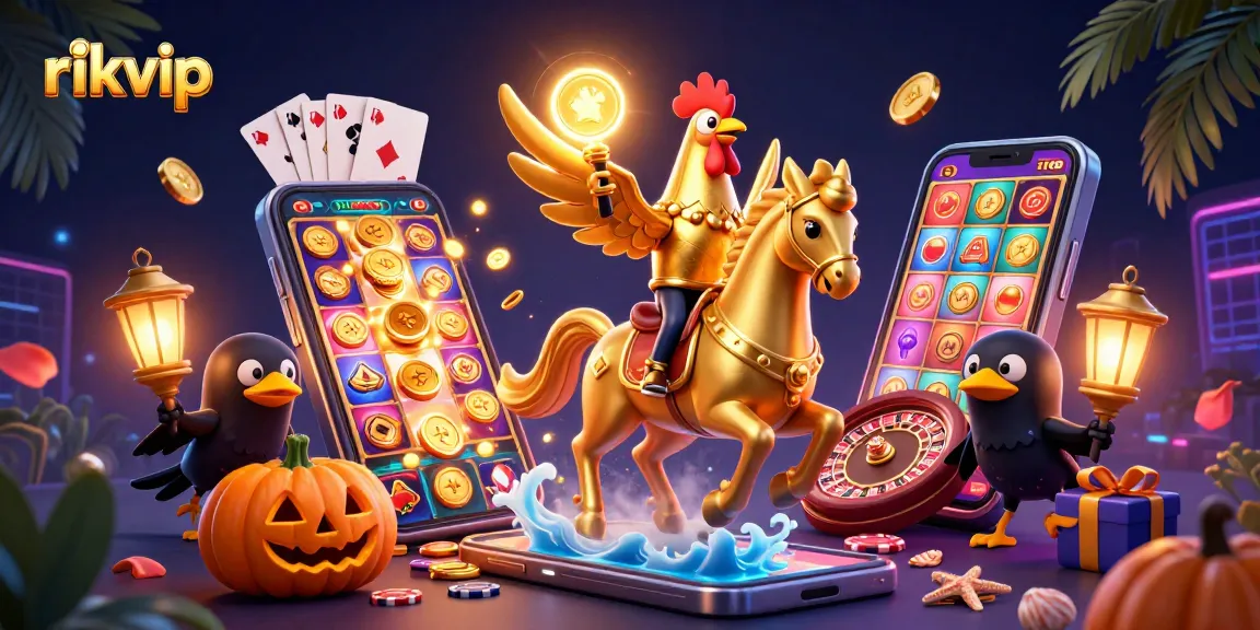 rikvip captivates players with a vibrant, enchanting casino scene featuring a golden rooster and companions.