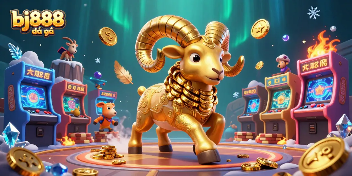 Engage in thrilling bj888 đá gà action with a golden ram charging through a vibrant gambling arena.