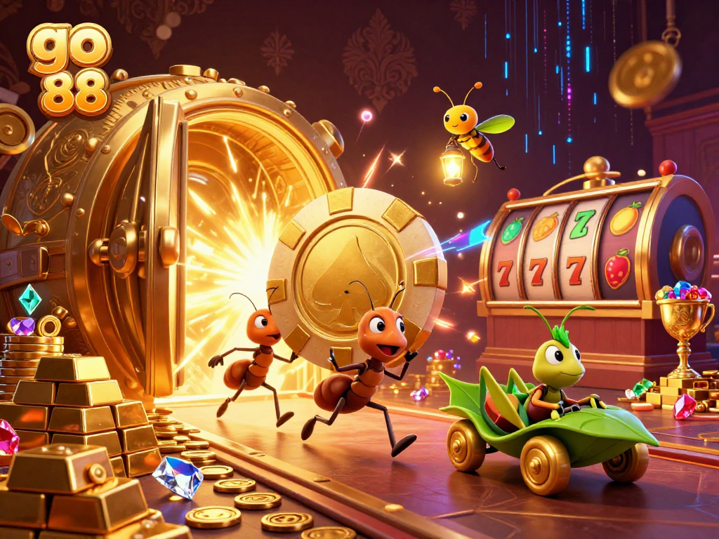 Experience the excitement of go 88 as ants expertly carry a giant poker chip in a vibrant casino tunnel.