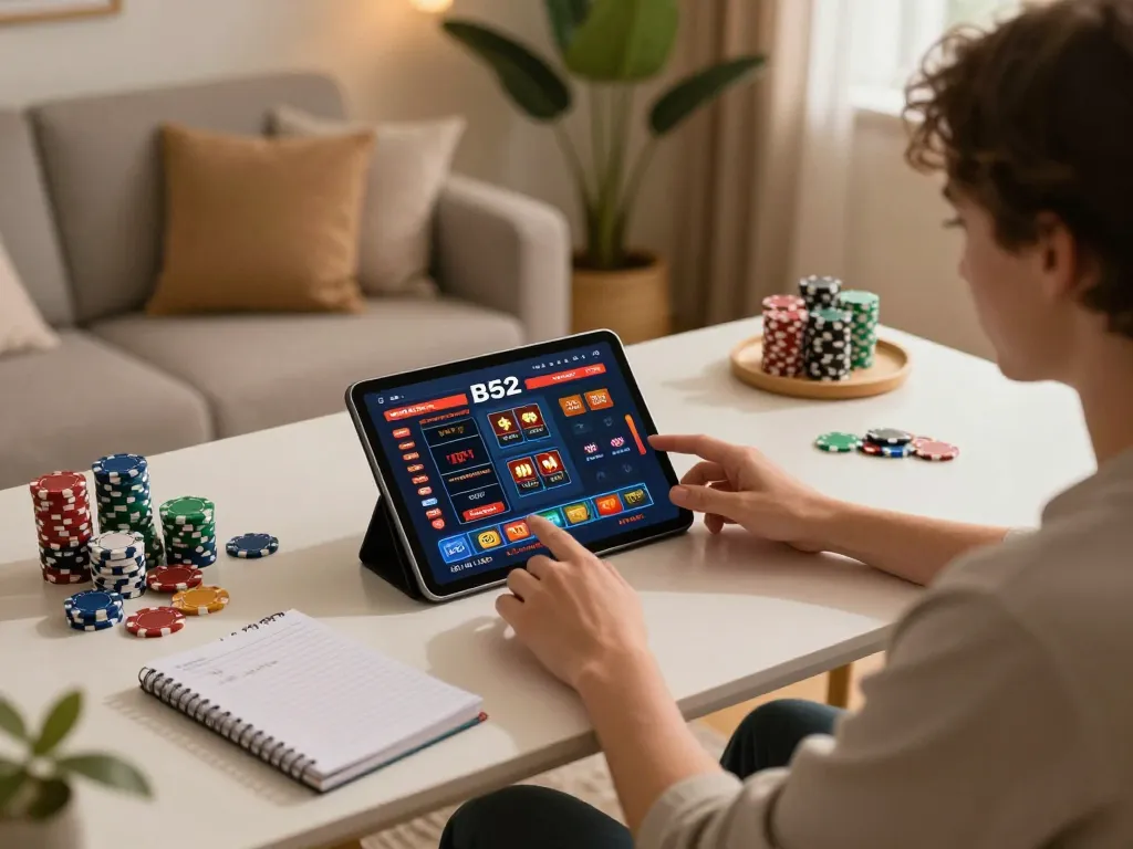 Engaging online B52 gaming experience with player using tablet in cozy ambiance