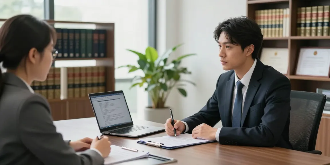 Lawyer consulting with a client about her comment is here in a modern office setting.