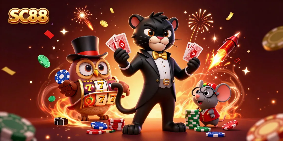 Engage in thrilling slots at SC88 with a stylish panther dealer, owl, and lucky mouse in a dynamic casino scene.