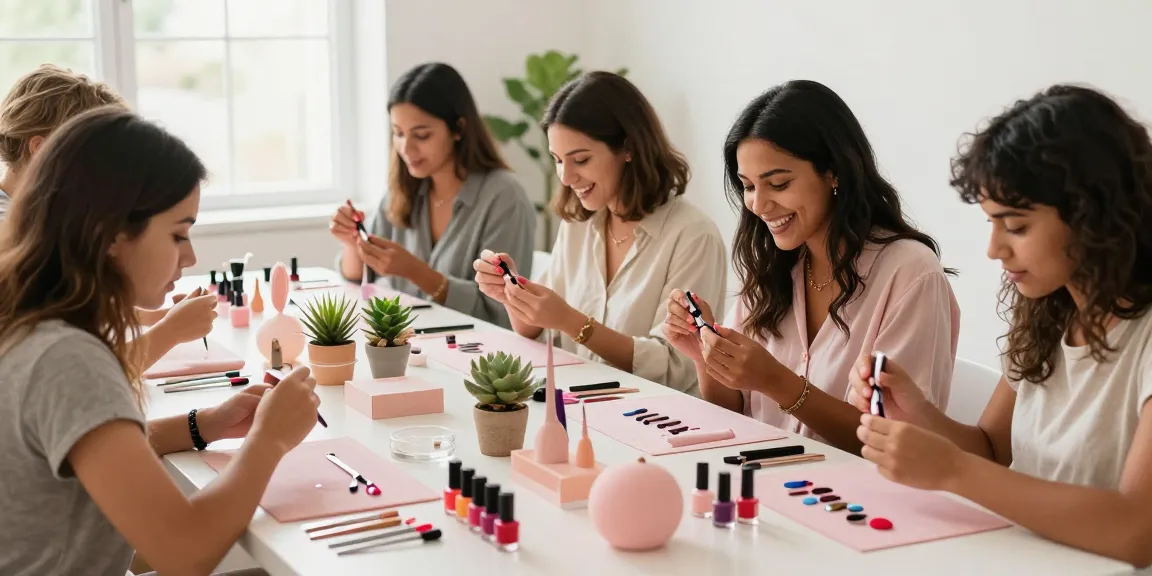 Praktik seni kuku bersama LUXURY12 yang menunjukkan beragam warna kuku dan alat di workshop.