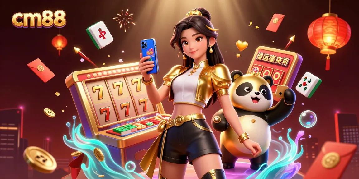 Experience the thrill with cm88 as a stylish woman engages with exciting slots and casino games, surrounded by joy.
