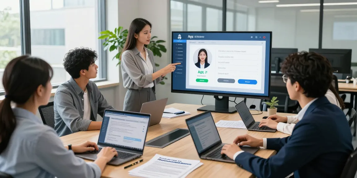 Age verification system demonstration by a diverse team in a modern office.