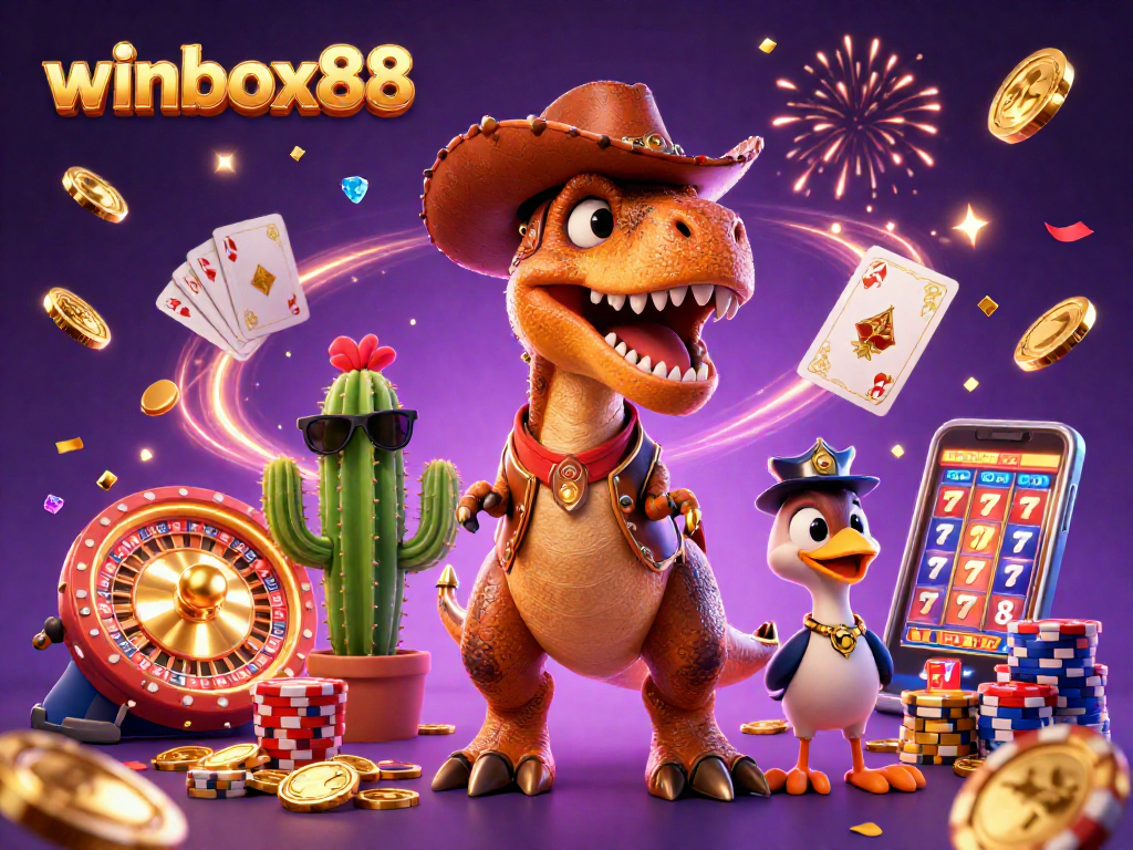Experience thrilling wins with winbox88 in this vibrant 3D casino scene filled with action.