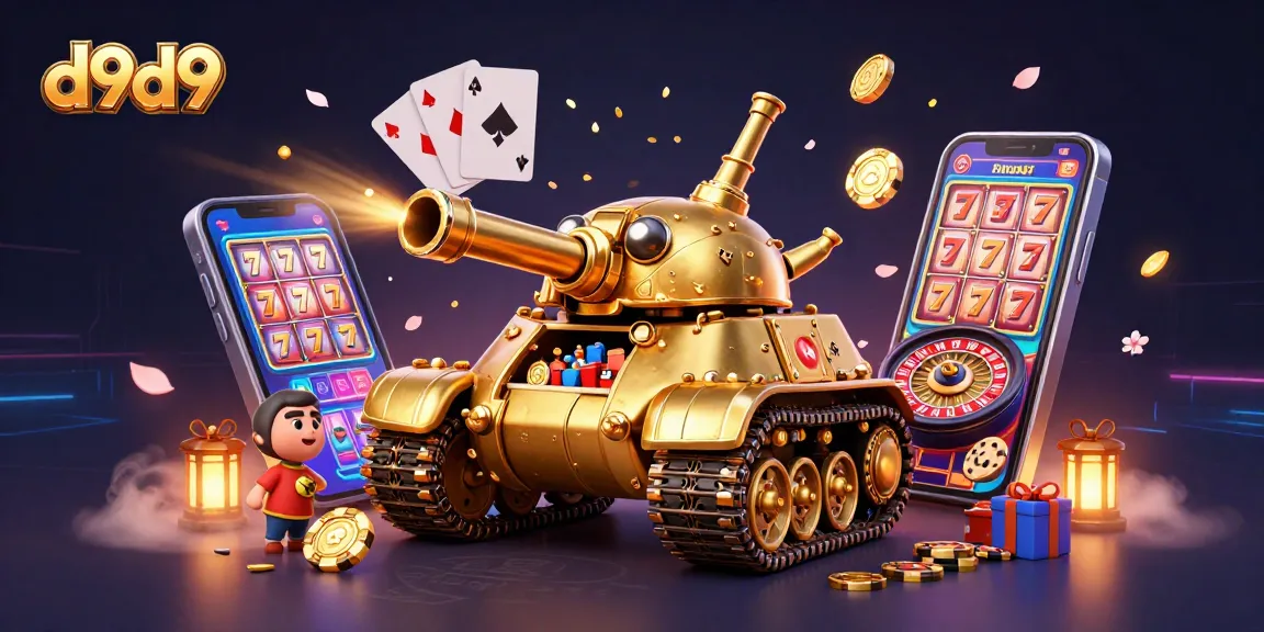 Tumaya ng d9d9 sa masayang mini casino na puno ng ginto at slot reels.