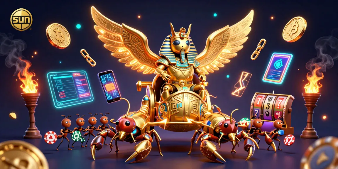 Spin the slots with vibrant sun-themed gaming elements featuring golden scarabs and crypto coins.