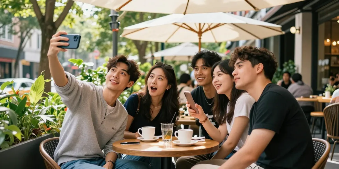 Friends excitedly discovering they look like a celebrity outside a café.