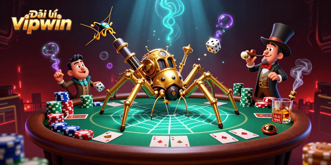 Engaging Đại lý vipwin illustration showcasing a golden spider and poker characters in an energetic casino scene