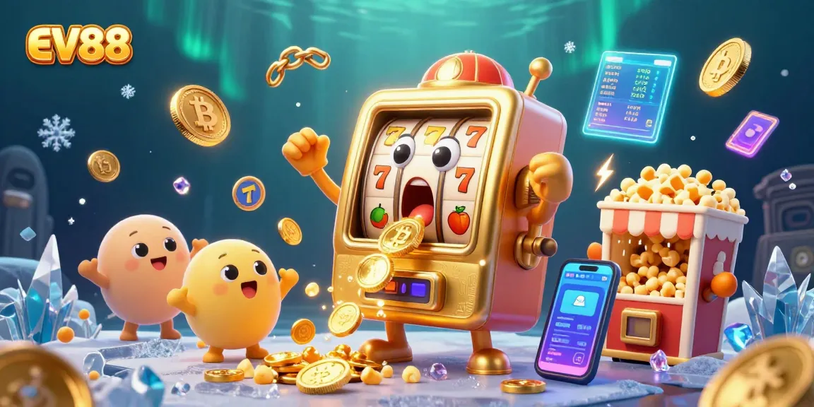 Spin the reels with EV88's golden slot machine celebrating a jackpot win amidst a vibrant casino atmosphere.