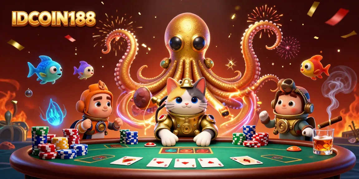 Engage in thrilling gaming with IDCOIN188's vibrant 3D casino scene featuring a colossal kraken and poker elements.