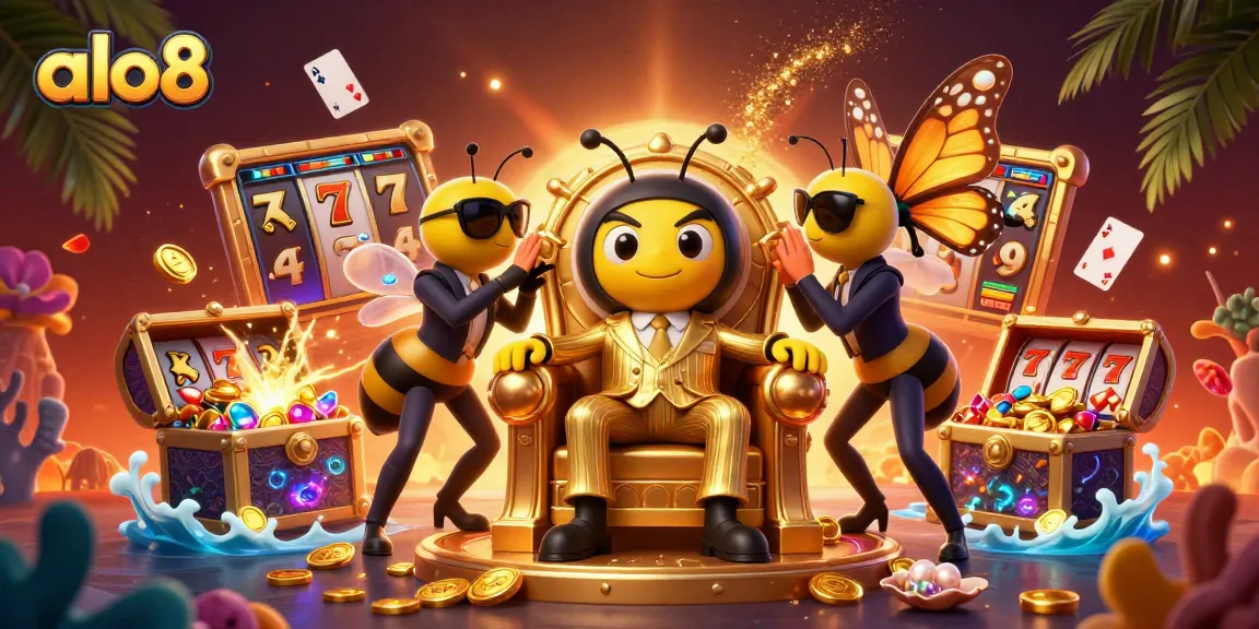 Spin to win at alo8 with colorful slot reels and gold coins exploding from chests.