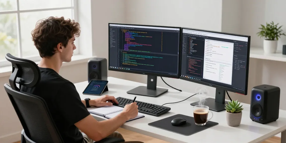 Developer coding on multiple screens in a modern tech workspace at telegraimin.com, illustrating a productive software environment.