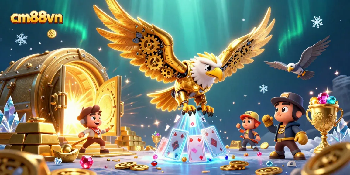 Experience thrilling gameplay at cm88vn with a dynamic scene showcasing a cybernetic eagle amidst holographic cards.