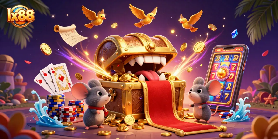 Experience the thrill of lx88 with treasure chests, gold coins, and dynamic casino action!