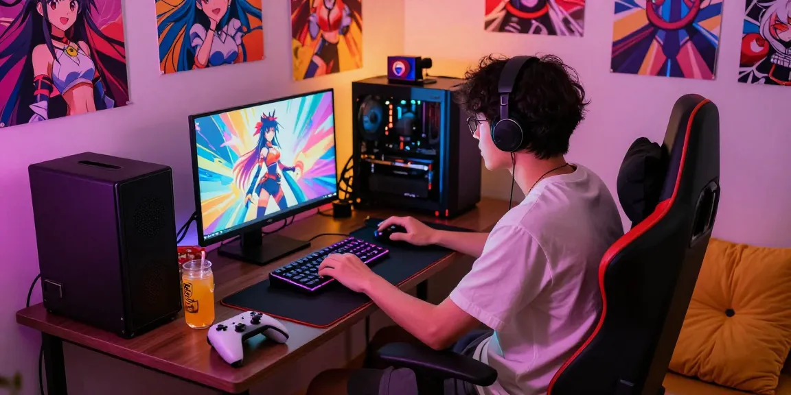 Engaging hentaigame scene with player focused on laptop in cozy gaming nook