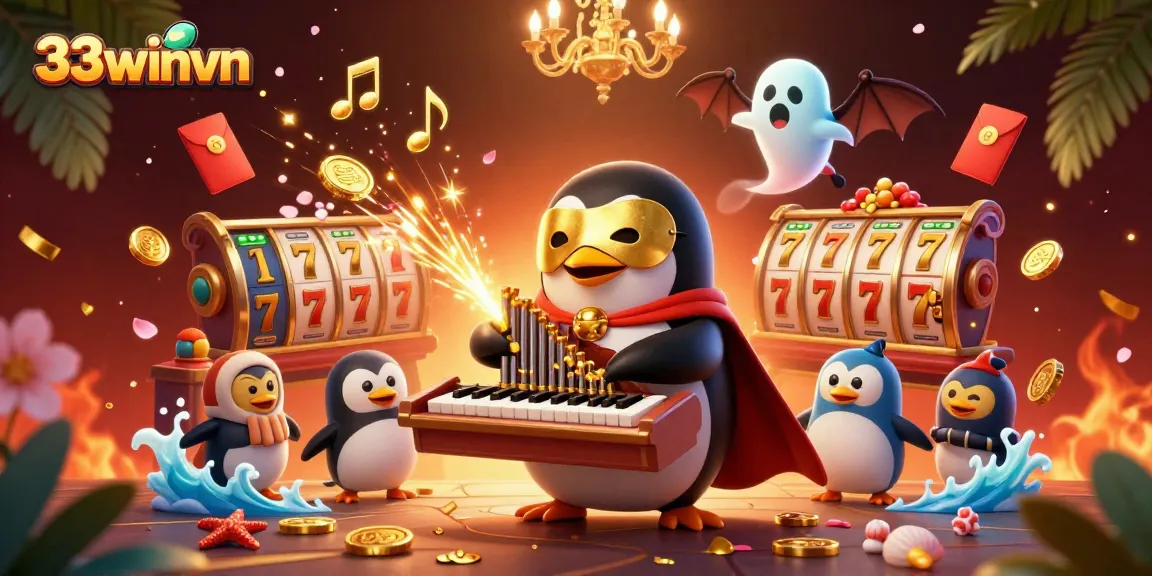Watch 33winvn's phantom penguin winning big as golden coins drop in a vibrant casino scene.