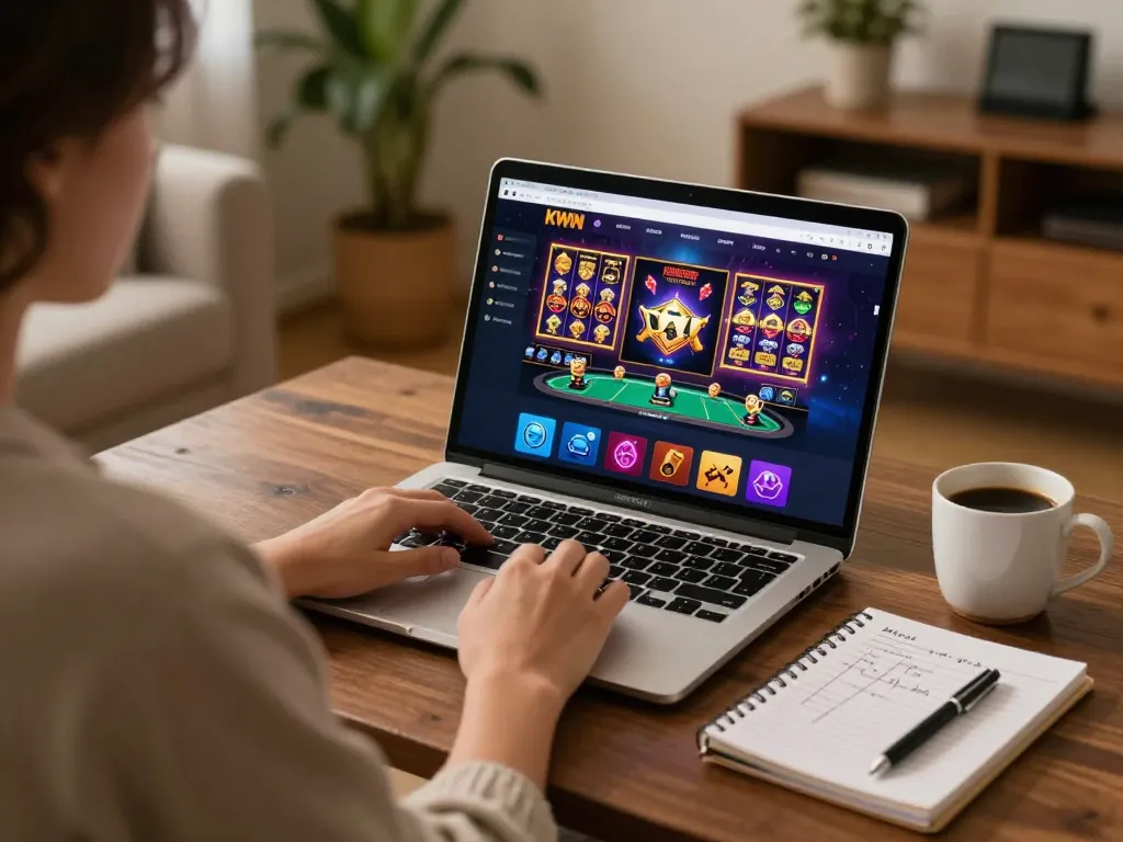 KWIN online gaming scene with a player engaged and strategy notes in a cozy home setting