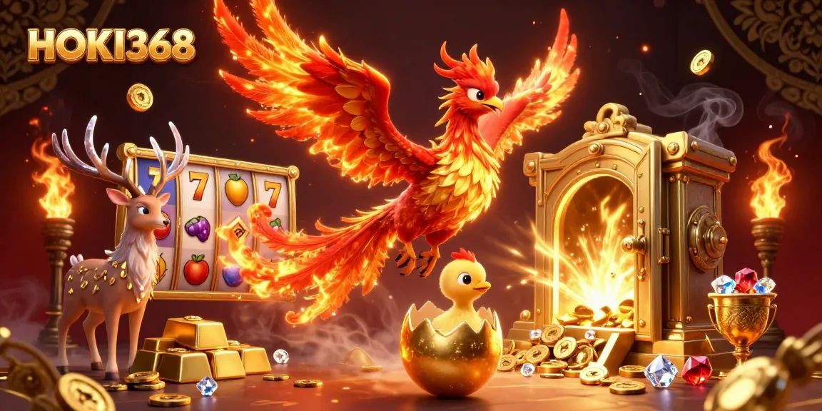 Experience the exciting world of HOKI368 with a vibrant online casino scene featuring a phoenix and slot machines.