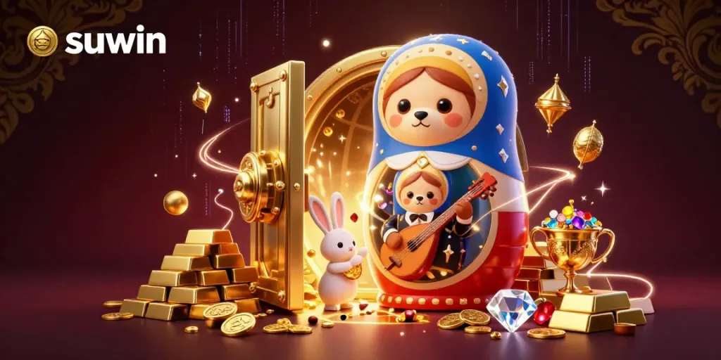 Experience the excitement of suwin at this vibrant online casino scene filled with gold treasures and playful characters.