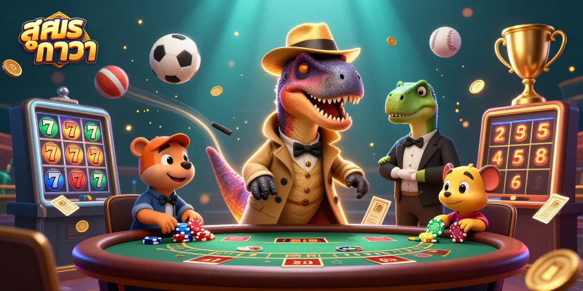 Visualize strategies with สูตรบาคาร่า in this dynamic casino scene featuring a velociraptor card counter.
