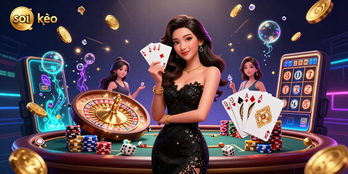 Soi kèo professional gambling scene with an elegant woman holding ace cards amid casino action.