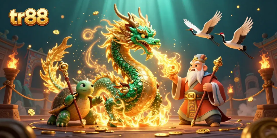 Experience thrilling gaming at tr88 with a jade dragon breathing fire and lucky cranes in this vibrant casino illustration.
