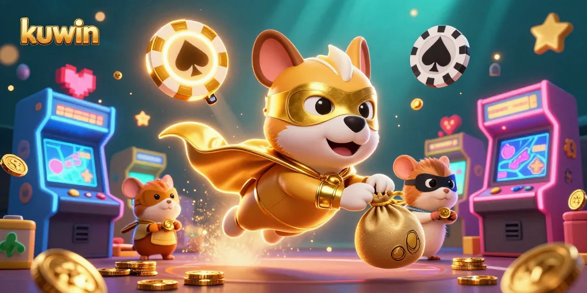 Experience thrilling gameplay with Kuwin's superhero dog soaring alongside his sidekick, collecting riches in this 3D casino adventure.