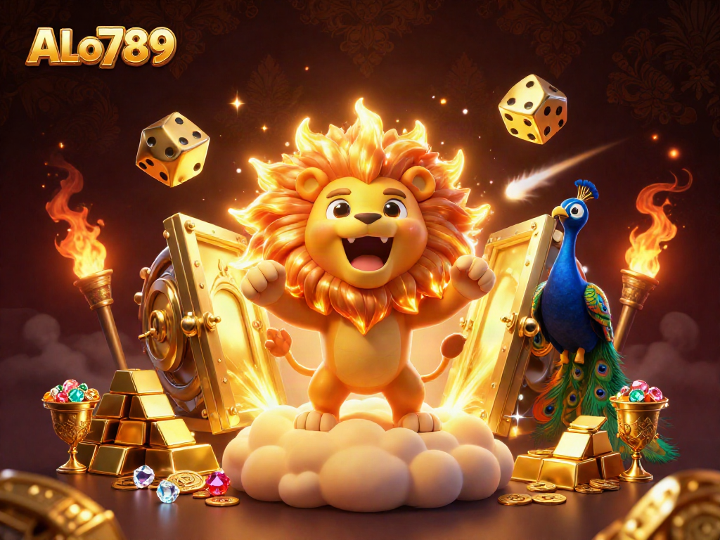 ALo789 showcases a roaring golden lion symbolizing triumph in a vibrant, rich casino scene.